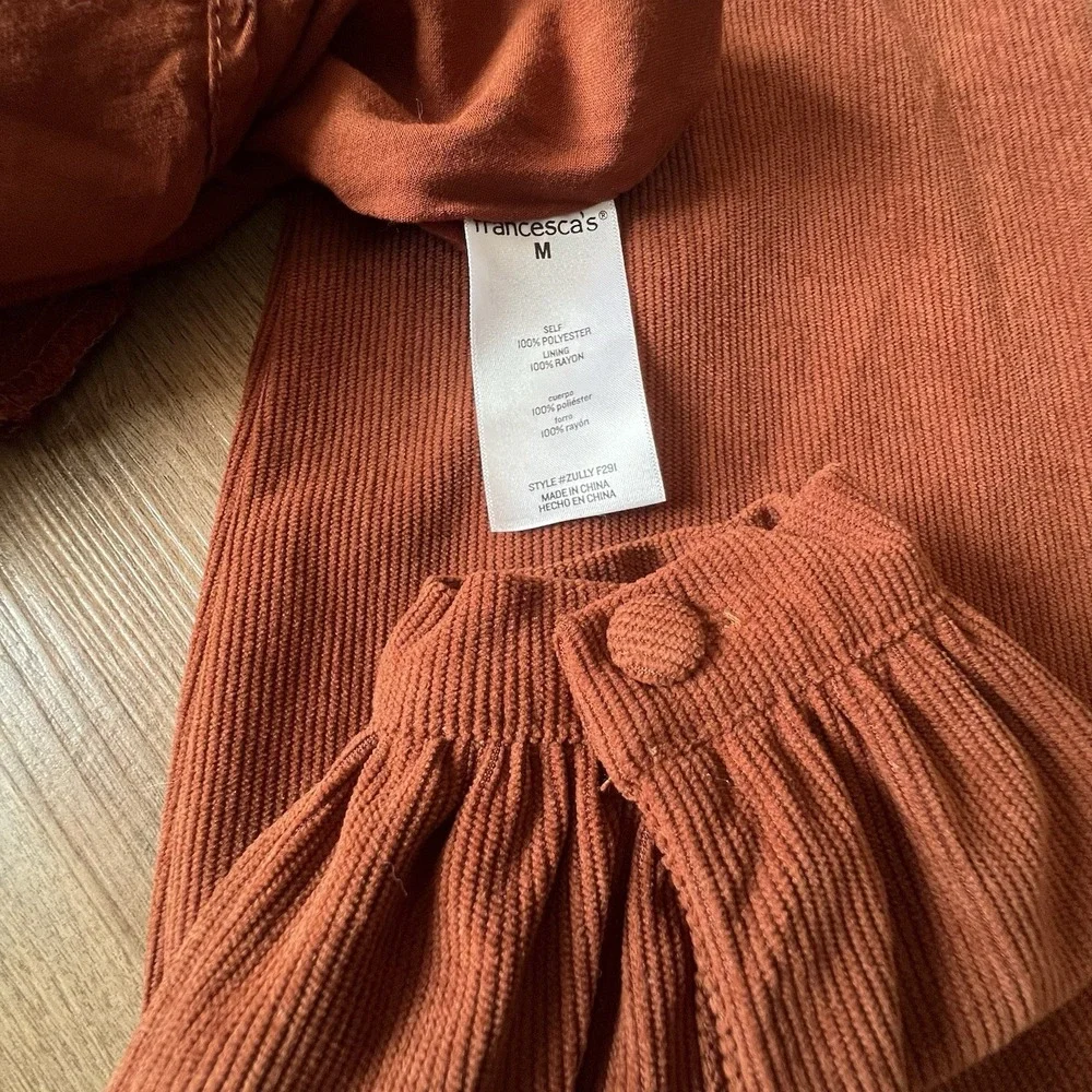 Franchescas Corduroy Babydoll Mini Dress Womens M Rust Brown Orange Square Neck - Picture 4 of 11